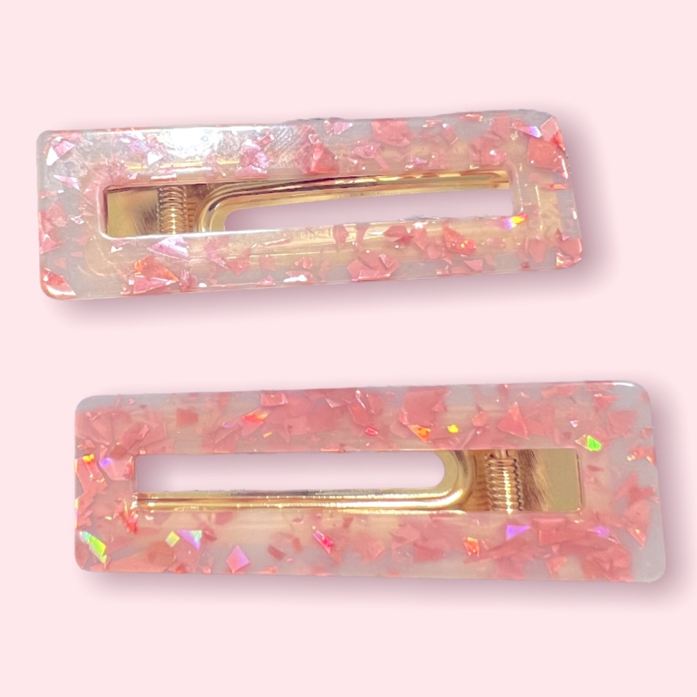 Hair Clips Two Piece Holographic Pink Hair Set Barrettes Beautiful Acrylic Resin